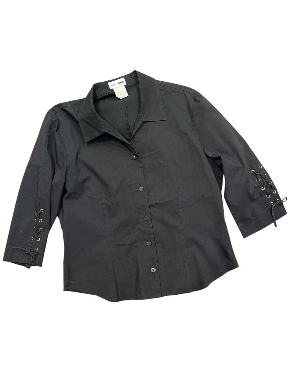 Steilmann Sz 12 black 3/4 lace up sleeve fitted button up blouse vintage
